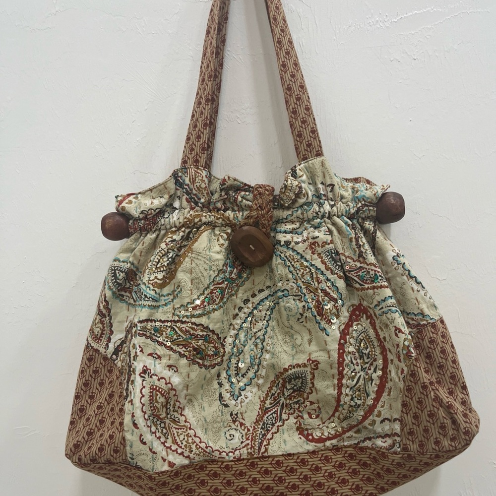 World Market Boho Cottagecore Paisley Wood Accents Satchel Handbag‎ Purse